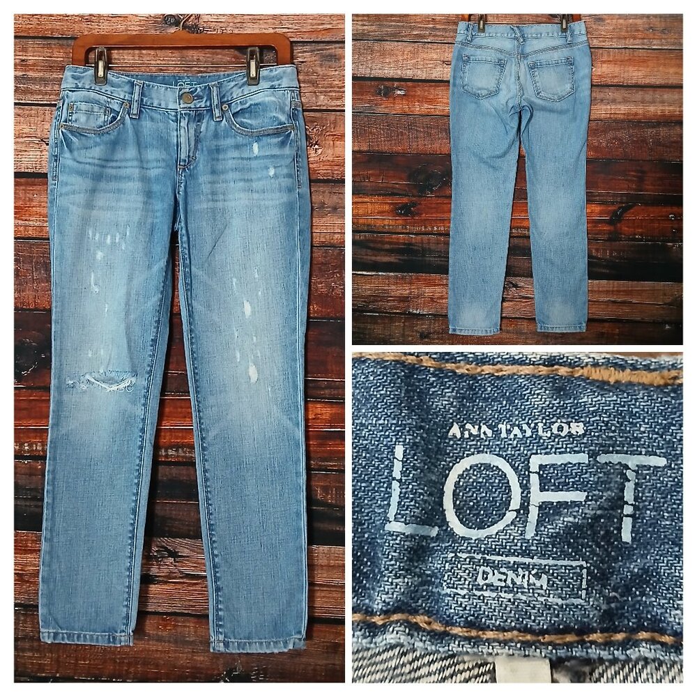 Ann Taylor LOFT Jeans 2 Petite Lean Boyfriend Low Rise Blue Denim Distressed